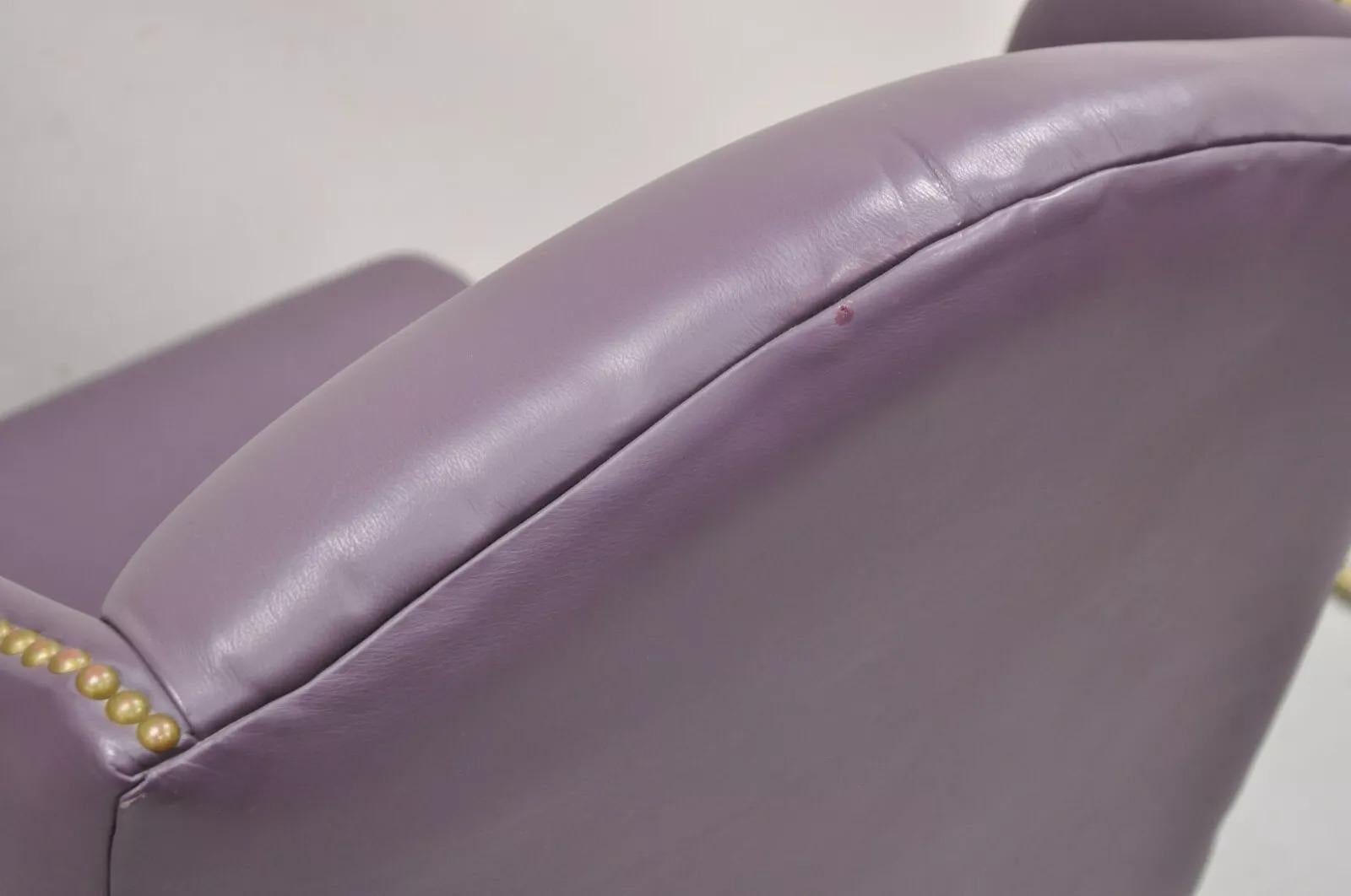 Queen Anne Style Purple Leather Wingback Chair with Nail Heads by Leather Center For Sale 4