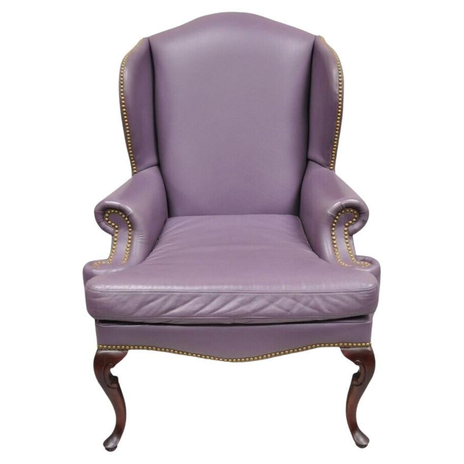 Queen Anne Style Purple Leather Wingback Chair with Nail Heads by Leather Center For Sale