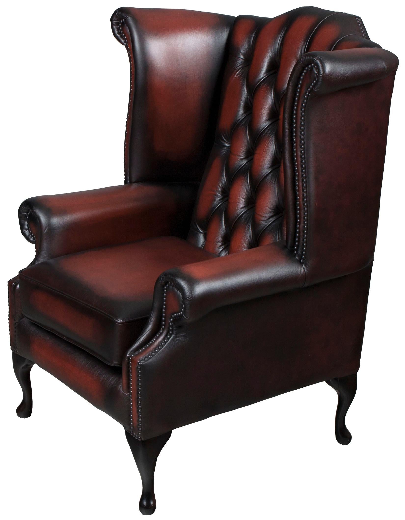 Queen Anne Style Red Tufted Leather Wing Back Armchair In Good Condition In Atlanta, GA