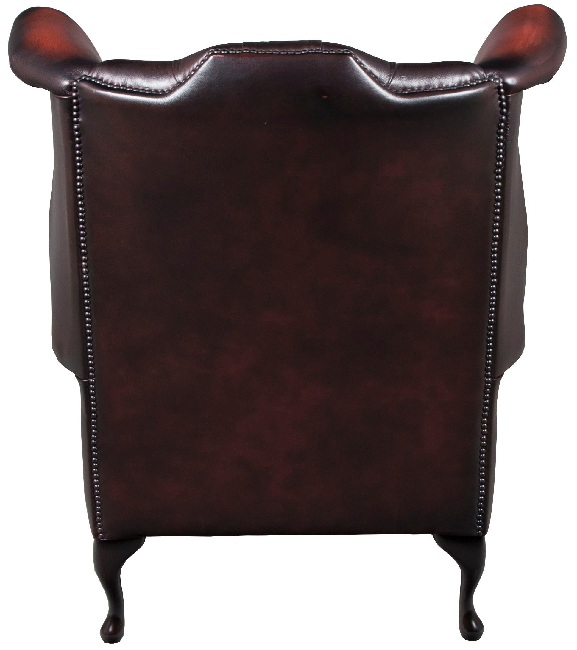 Queen Anne Style Red Tufted Leather Wing Back Armchair (Ende des 20. Jahrhunderts)