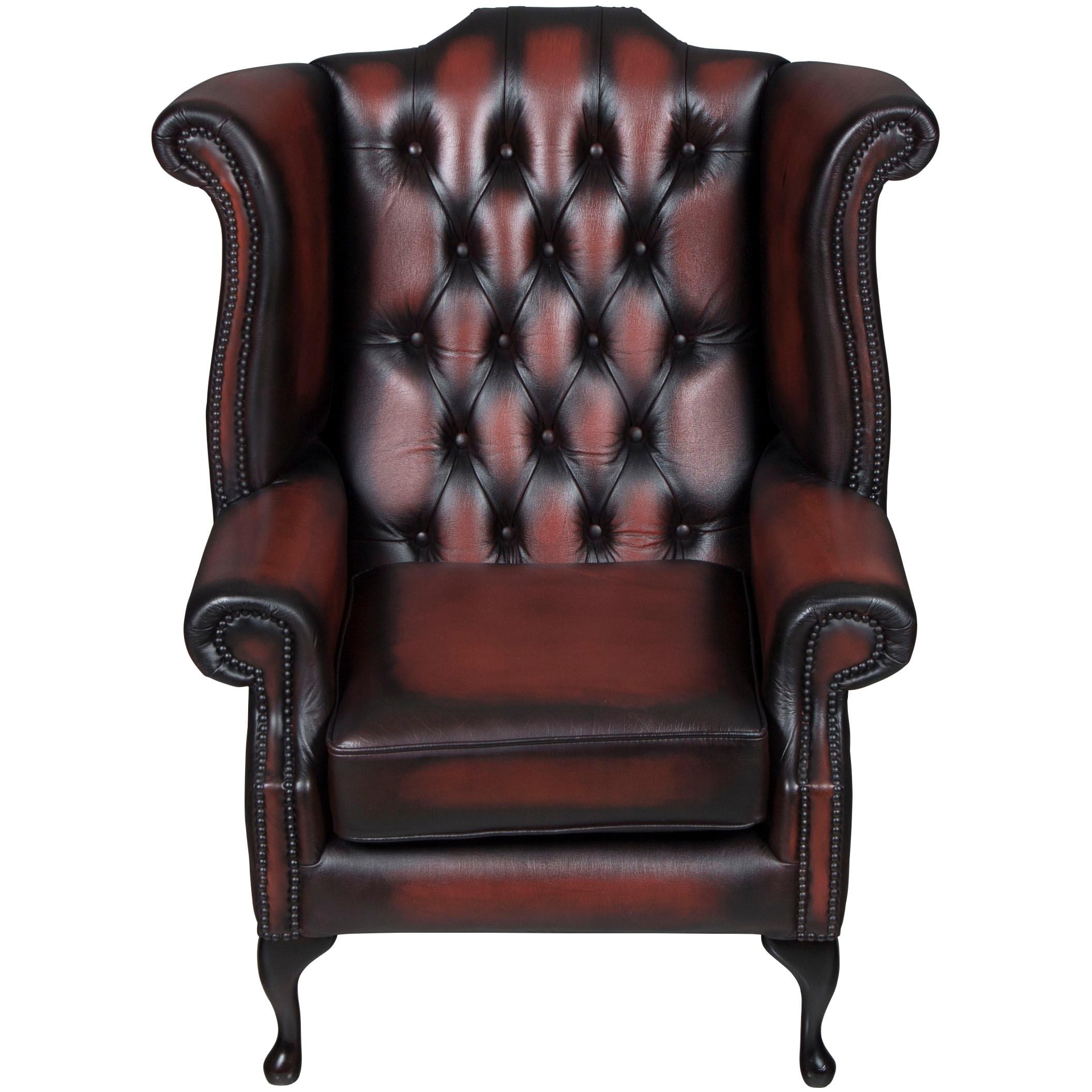 Queen Anne Style Red Tufted Leather Wing Back Armchair