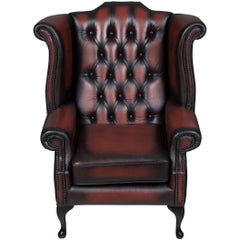 Vintage Queen Anne Style Red Tufted Leather Wing Back Armchair