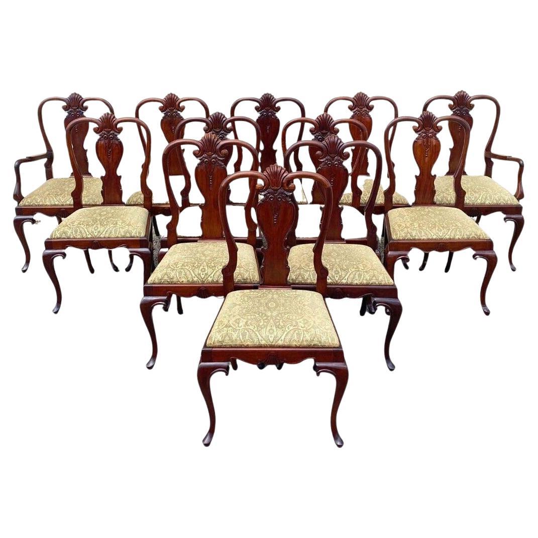 Queen Anne Style Solid Mahogany Carved Fan T-Back Dining Chairs- Set of 12 For Sale