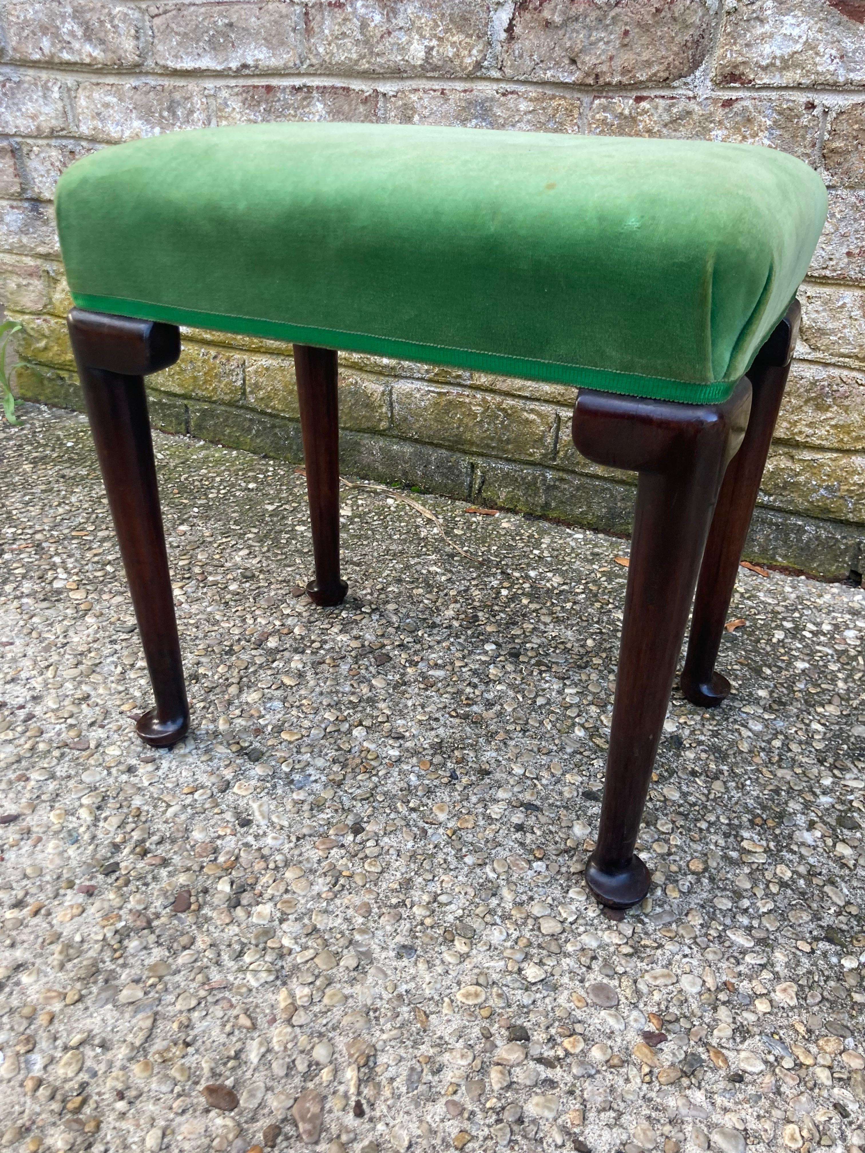 Lovely Queen Anne style upholstered stool in original green velvet and trim.