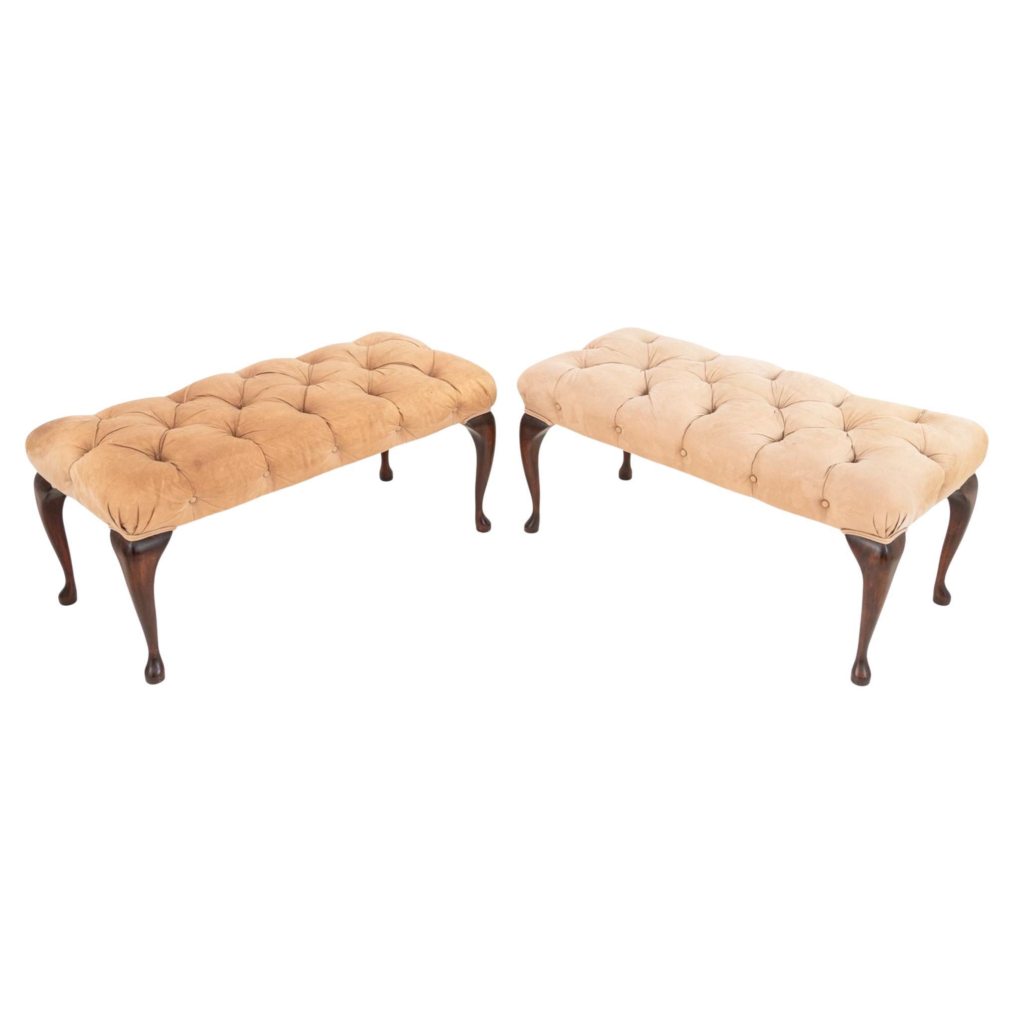 Queen Anne Style Upholstered Benches, Pair