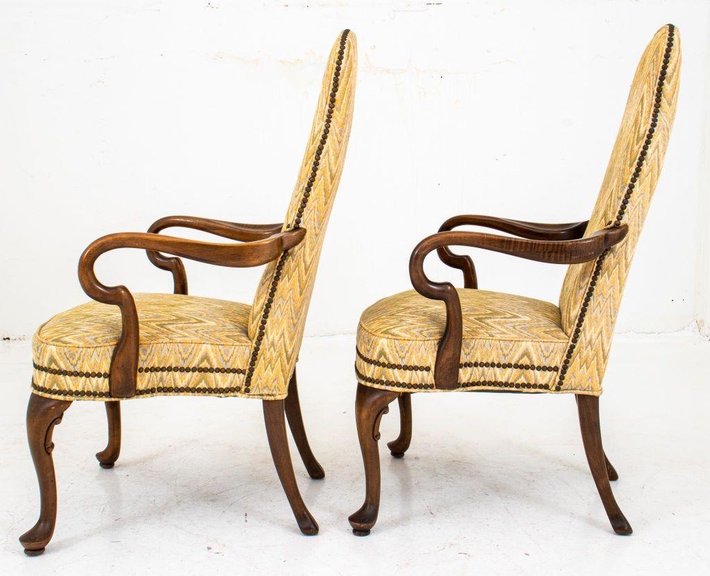 20th Century Queen Anne Style Upholstered Open Arm Chairs, Pair