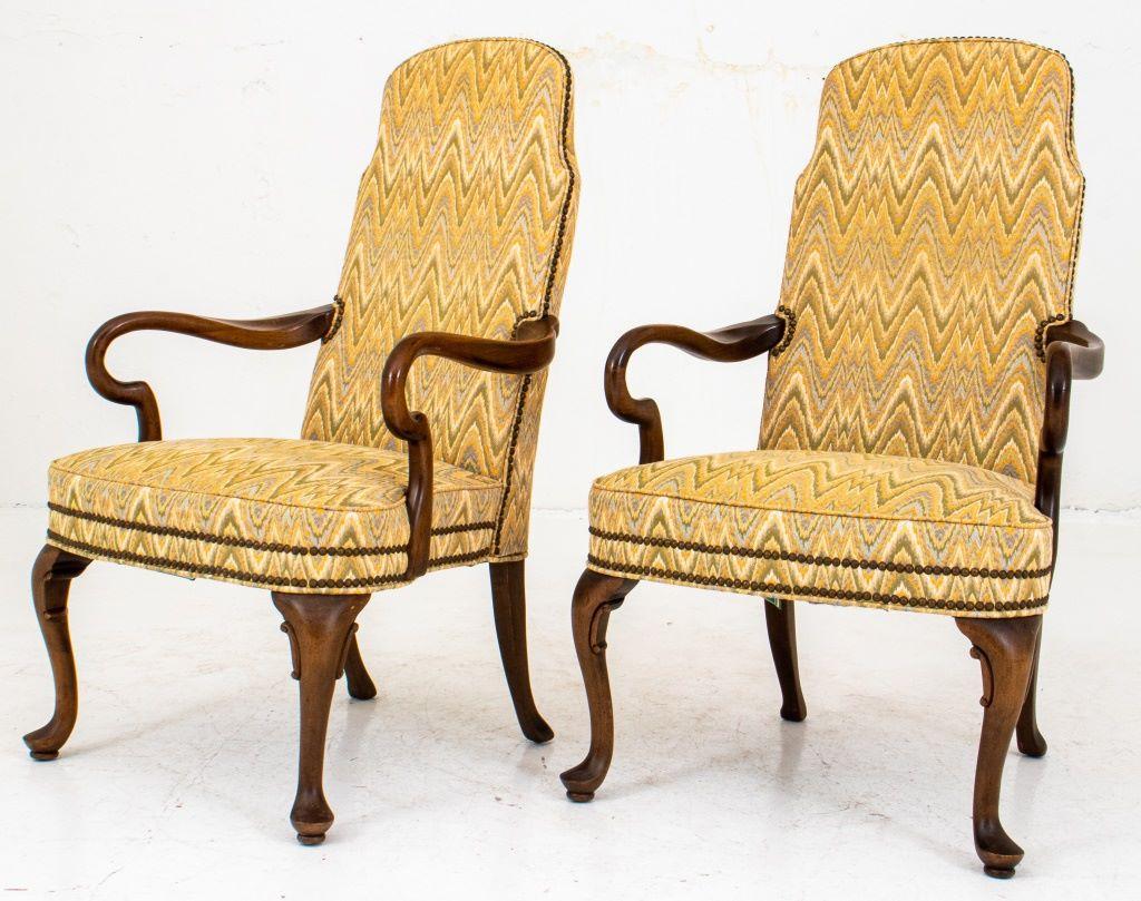 Upholstery Queen Anne Style Upholstered Open Arm Chairs, Pair