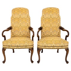 Vintage Queen Anne Style Upholstered Open Arm Chairs, Pr