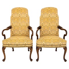 Queen Anne Style Upholstered Open Arm Chairs, Pair