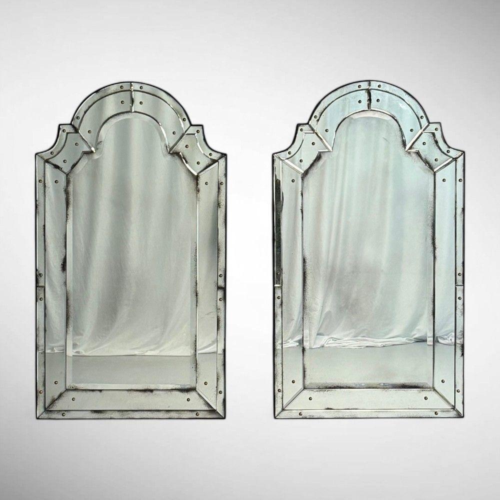 Queen Anne Style, Venetian Wall Mirrors, Antiqued Beveled Glass, Dome Top In Good Condition For Sale In Manhasset, NY