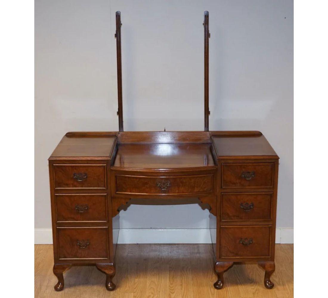 Queen Anne Style Vintage Burr Walnut Dressing Table & Stool with Trifold Mirrors 2