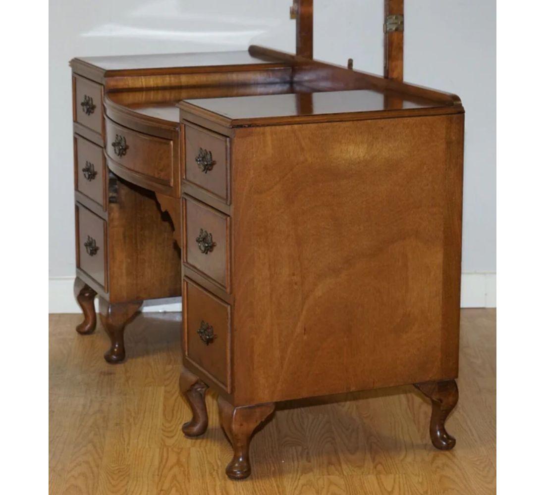 Hand-Crafted Queen Anne Style Vintage Burr Walnut Dressing Table & Stool with Trifold Mirrors