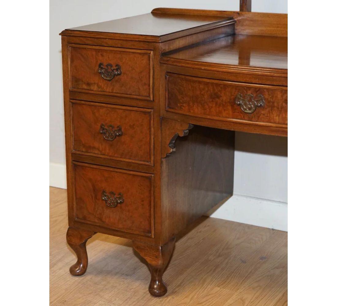 20th Century Queen Anne Style Vintage Burr Walnut Dressing Table & Stool with Trifold Mirrors