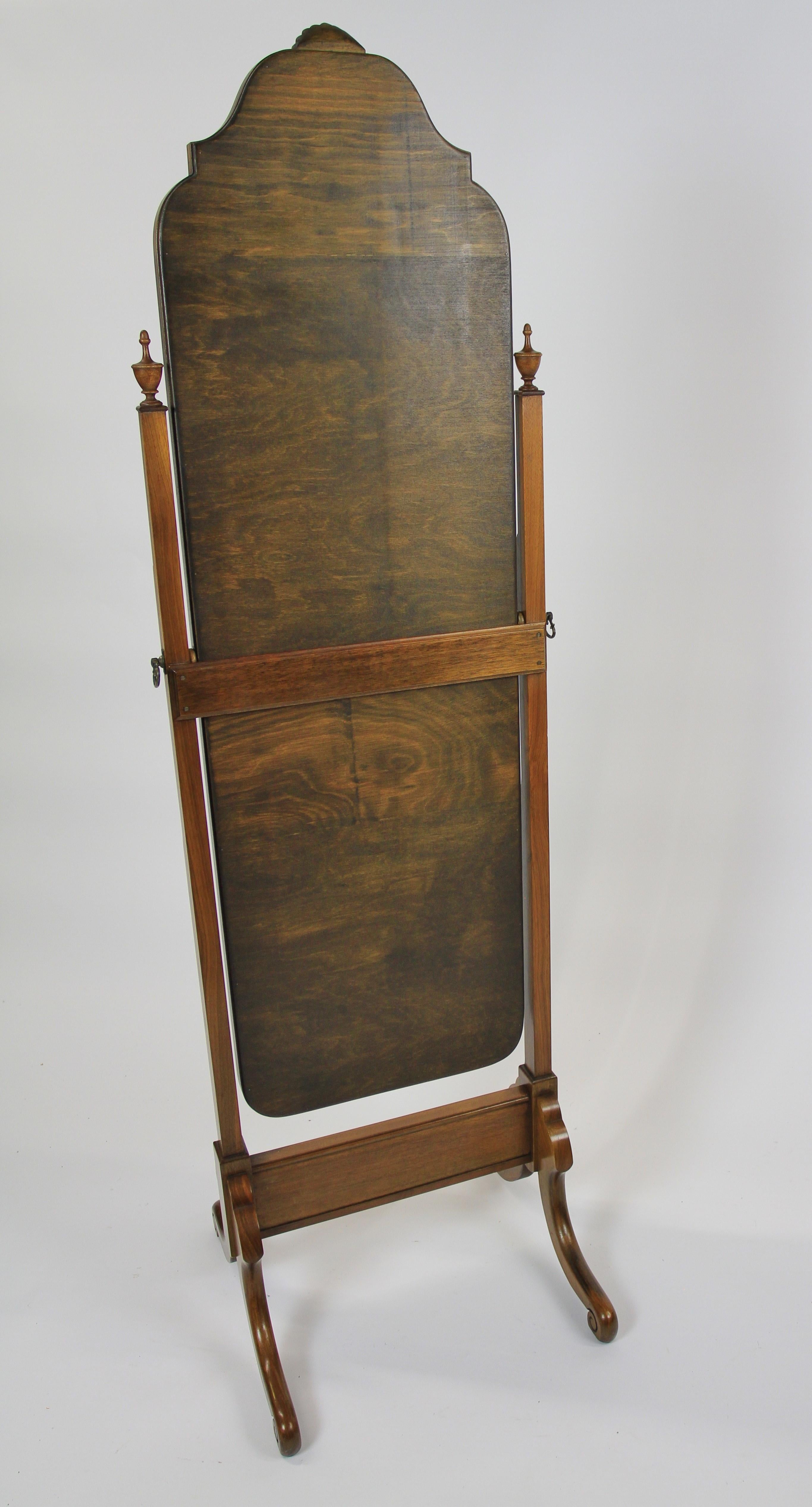 Polished Queen Anne Style Walnut Cheval Mirror circa 1930s