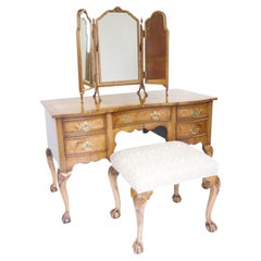 Queen Anne style Walnut Kneehole Dressing table with mirror & stool