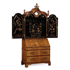 Queen Anne Style Walnut Secretary Bookcase – Chinoiserie & Mirror Doors