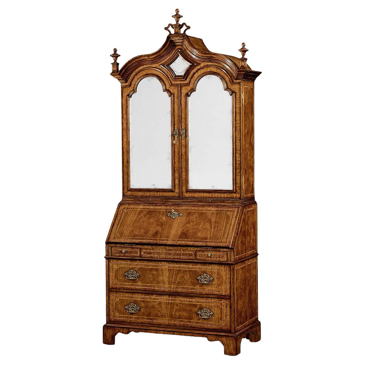 Queen Anne Style Walnut Secretary Bookcase – Chinoiserie 
Mirror Doors