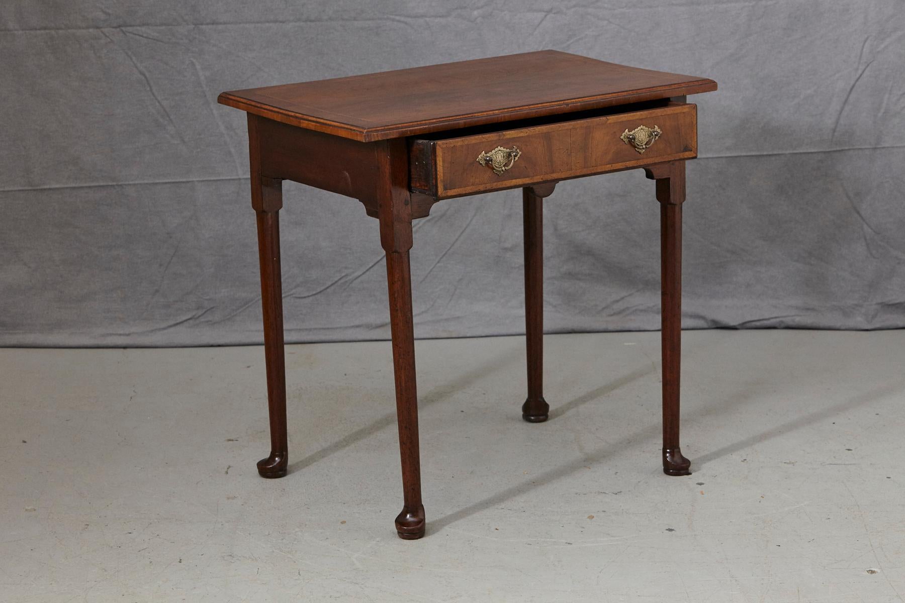 American Queen Anne Style Walnut Side Table with Wood Inlays and Brass Hardware