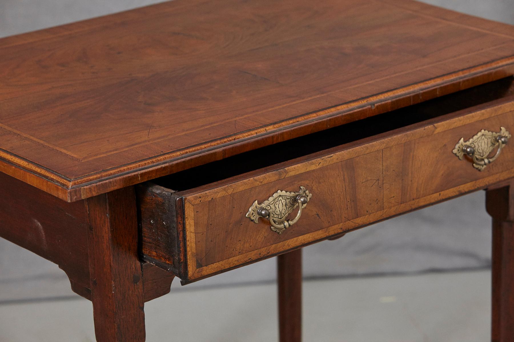 Queen Anne Style Walnut Side Table with Wood Inlays and Brass Hardware 1