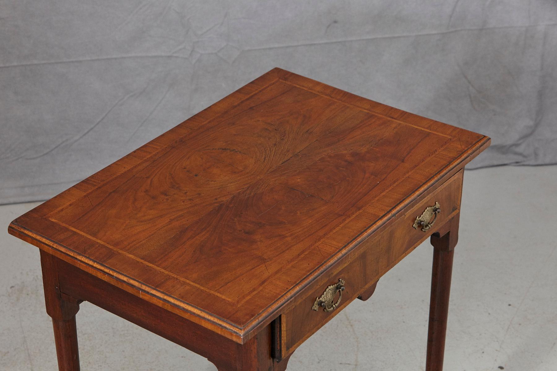 Queen Anne Style Walnut Side Table with Wood Inlays and Brass Hardware 3