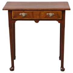 Queen Anne Style Walnut Side Table with Wood Inlays and Brass Hardware