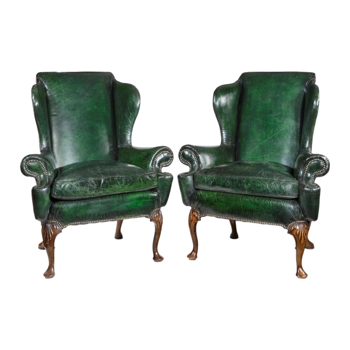 Queen Anne Style Walnut Wing Armchairs