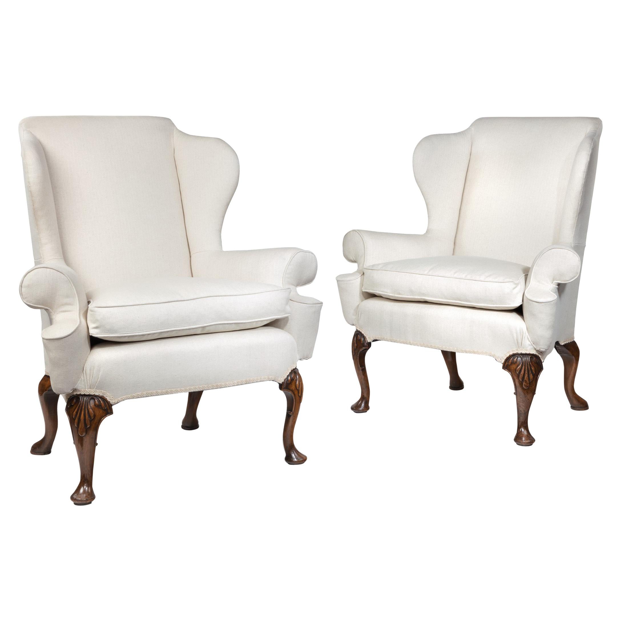 Queen Anne Style Walnut Wing Armchairs