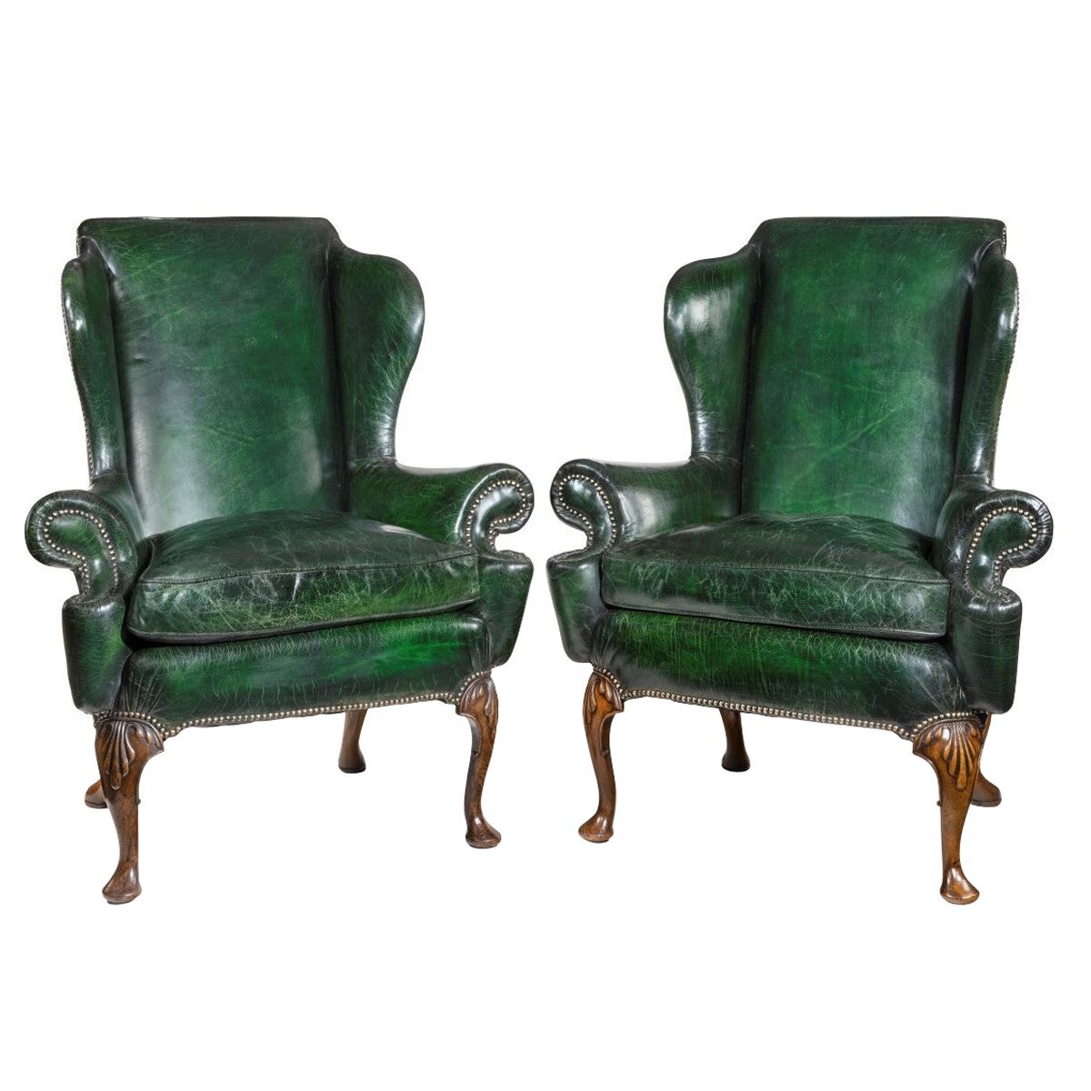 Queen Anne Style Walnut Wing Armchairs