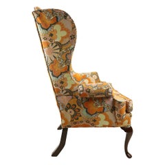 Queen Anne Style Wing Chair with Exuberant 1970s Fabric