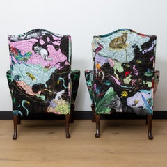 Queen Anne Style Wingback Chairs in Custom ‘Black Neon World' Velvet Upholstery