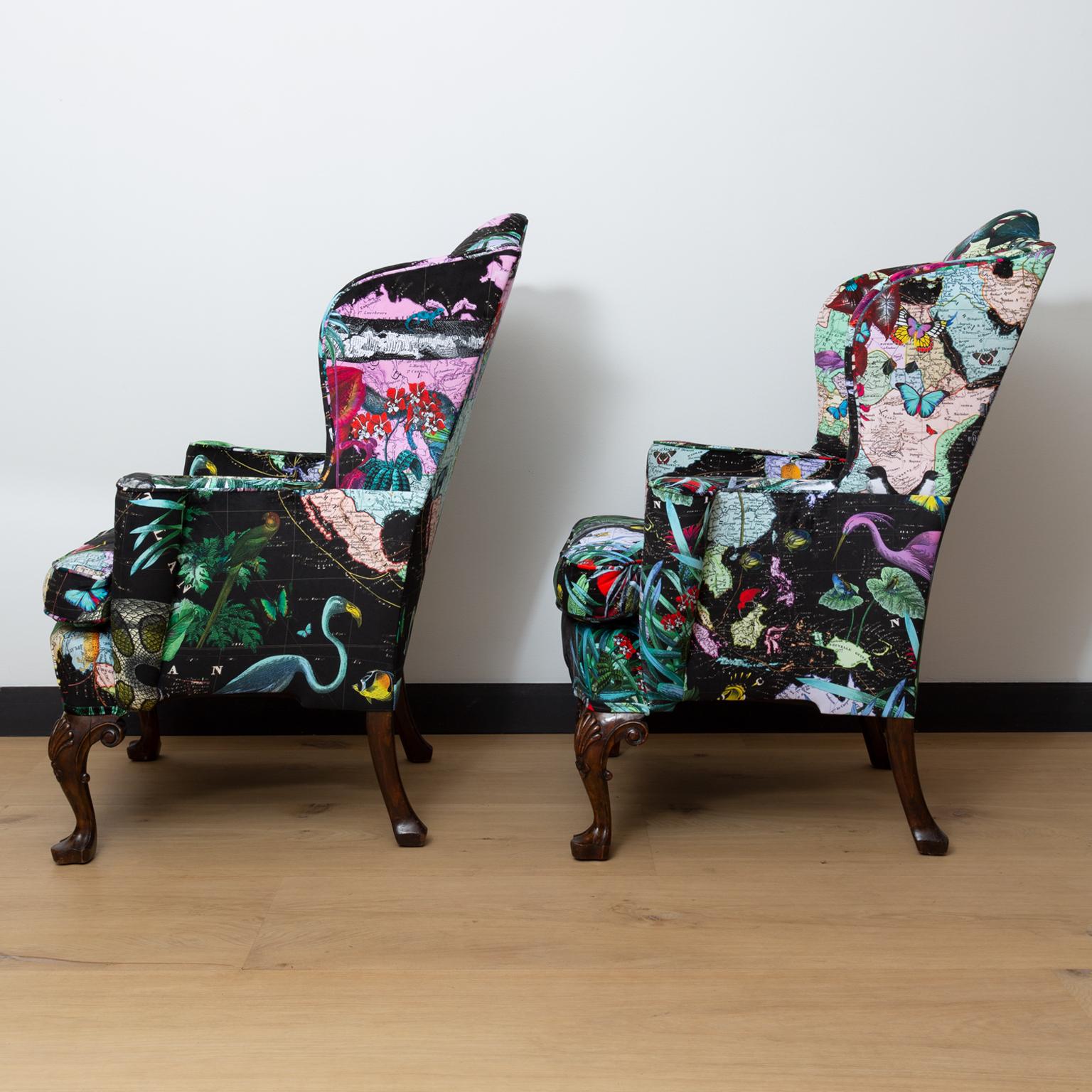 British Queen Anne Style Wingback Chairs in Custom ‘Black Neon World' Velvet Upholstery For Sale
