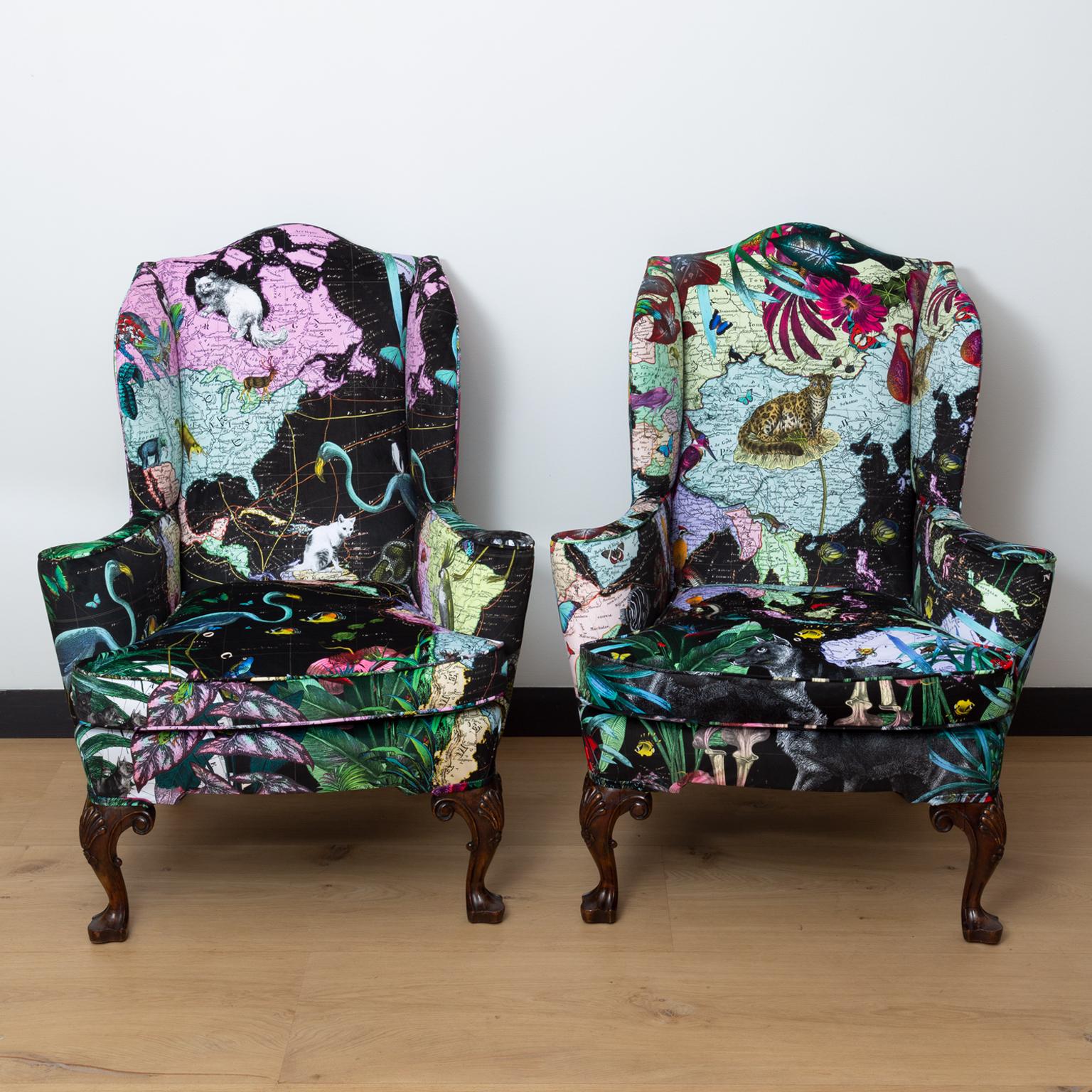 Wood Queen Anne Style Wingback Chairs in Custom ‘Black Neon World' Velvet Upholstery For Sale