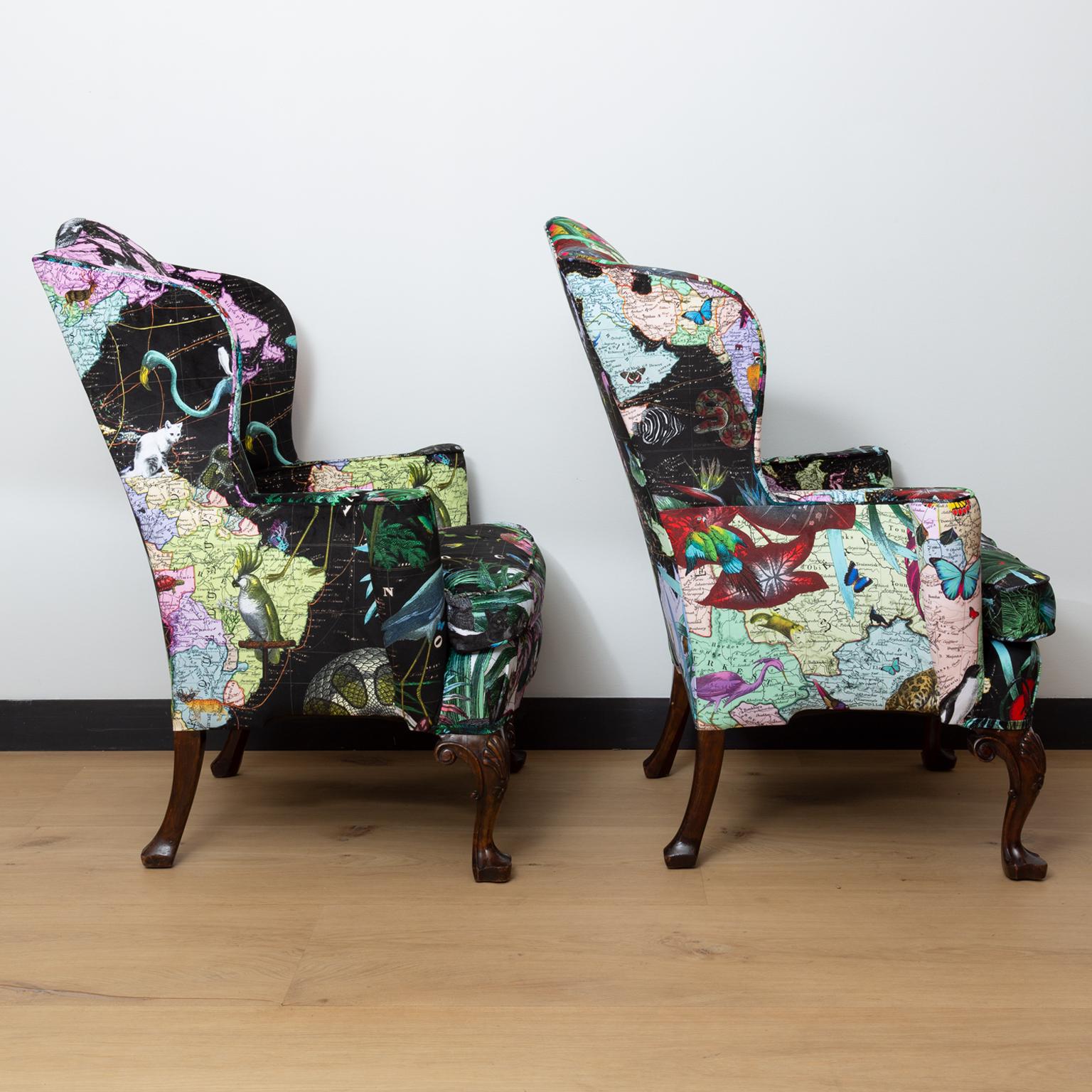 Queen Anne Style Wingback Chairs in Custom ‘Black Neon World' Velvet Upholstery For Sale 1
