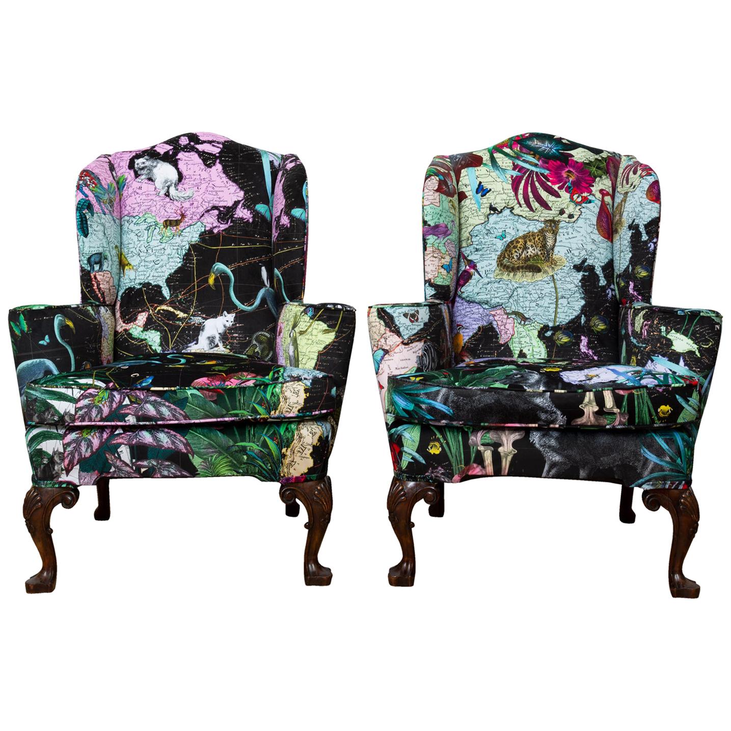 Queen Anne Style Wingback Chairs in Custom ‘Black Neon World' Velvet Upholstery For Sale