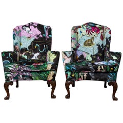 Antique Queen Anne Style Wingback Chairs in Custom ‘Black Neon World' Velvet Upholstery