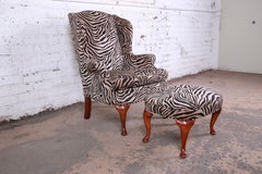 Queen Anne Style Wingback Lounge Chair and Ottoman in Zebra Print Upholstery