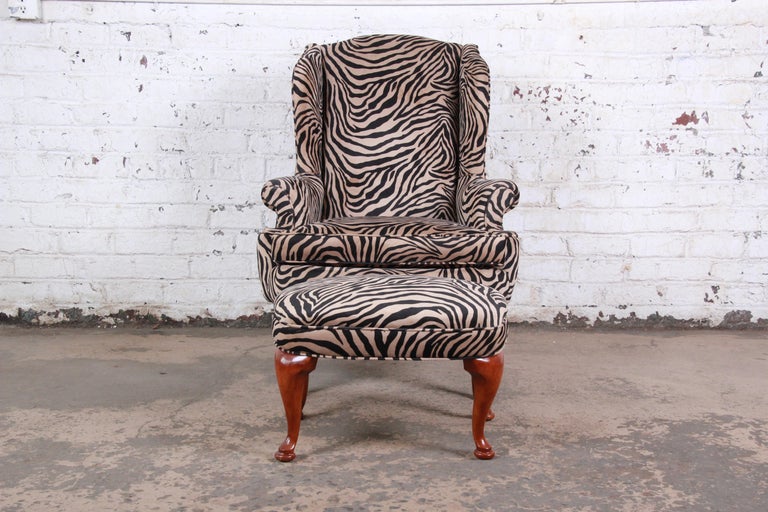 Queen Anne Style Wingback Lounge Chair and Ottoman in Zebra Print