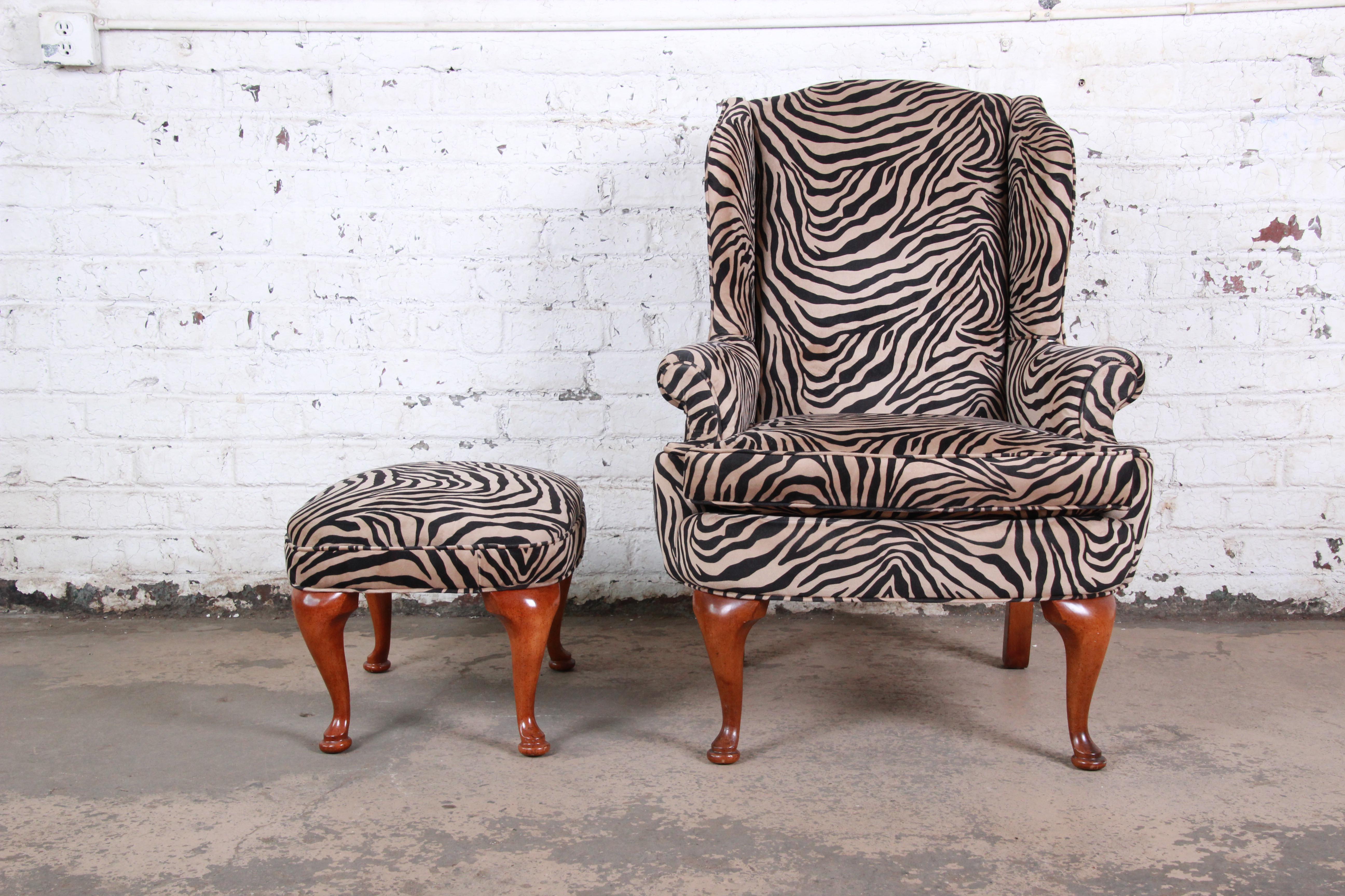 American Queen Anne Style Wingback Lounge Chair and Ottoman in Zebra Print Upholstery