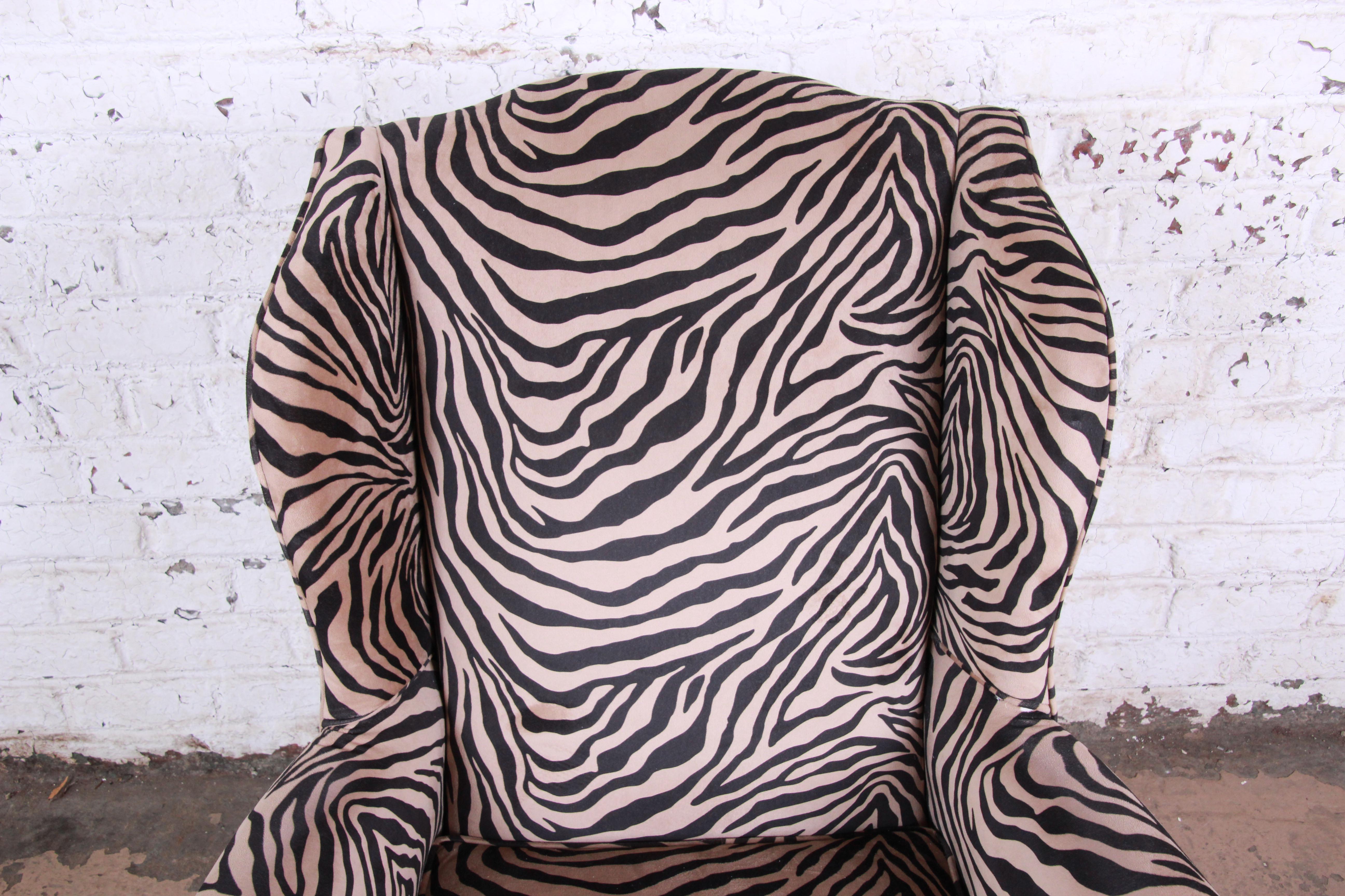 Queen Anne Style Wingback Lounge Chair and Ottoman in Zebra Print Upholstery In Good Condition In South Bend, IN