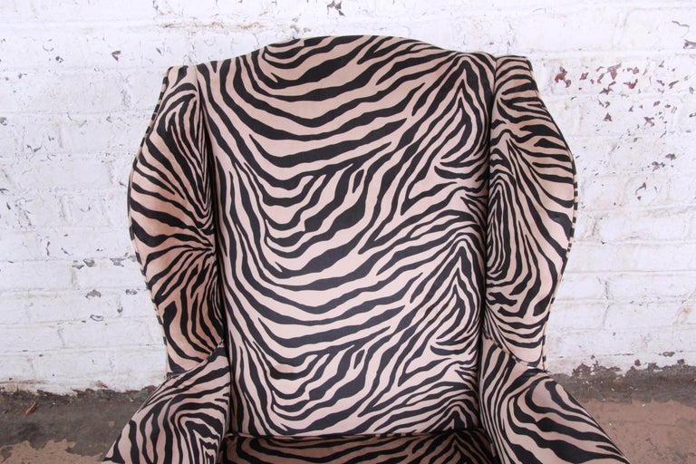Queen Anne Style Wingback Lounge Chair and Ottoman in Zebra Print
