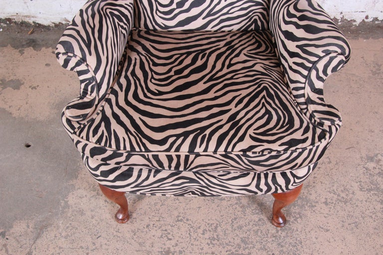 Queen Anne Style Wingback Lounge Chair and Ottoman in Zebra Print
