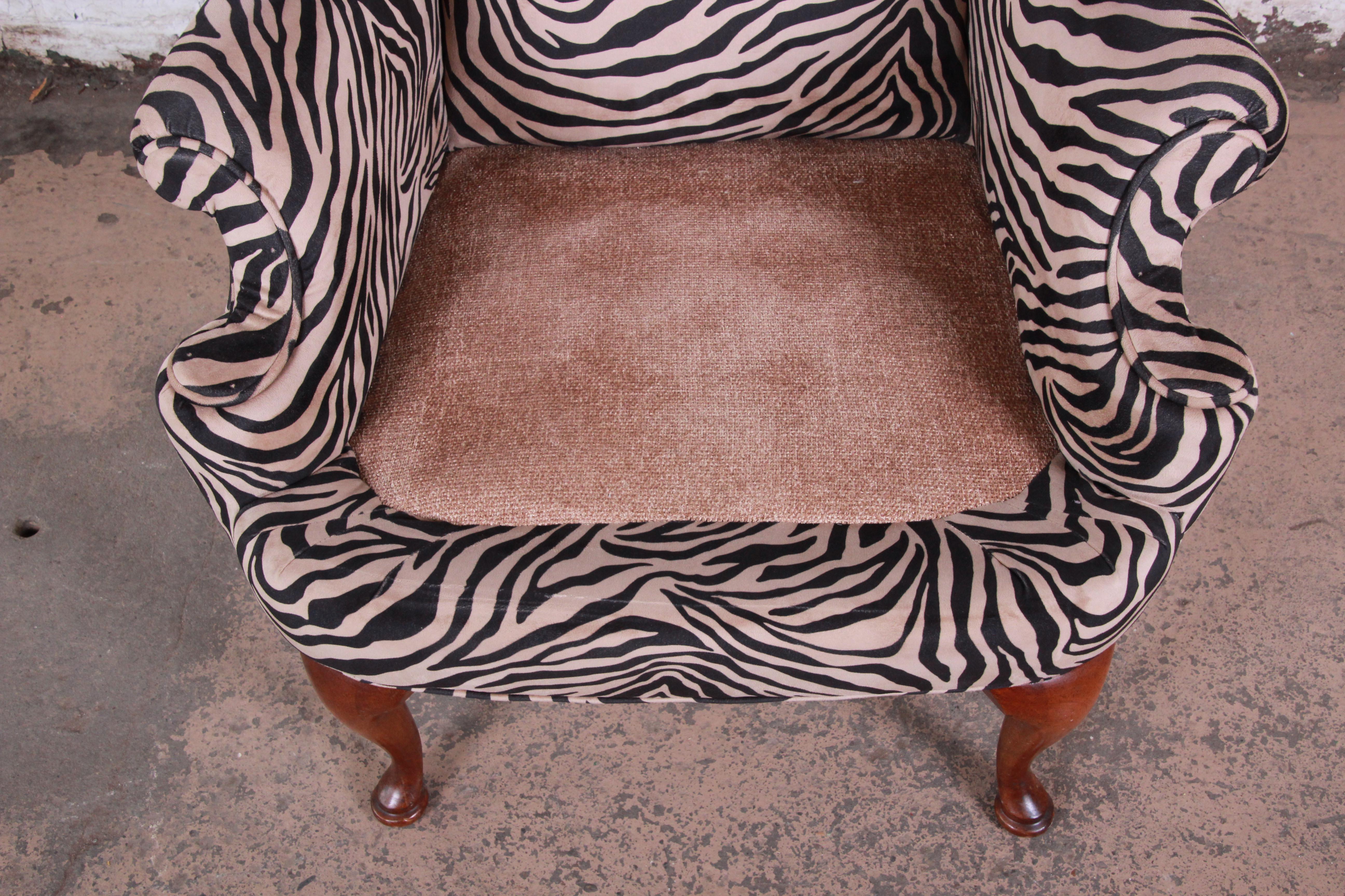 Queen Anne Style Wingback Lounge Chair and Ottoman in Zebra Print Upholstery 1