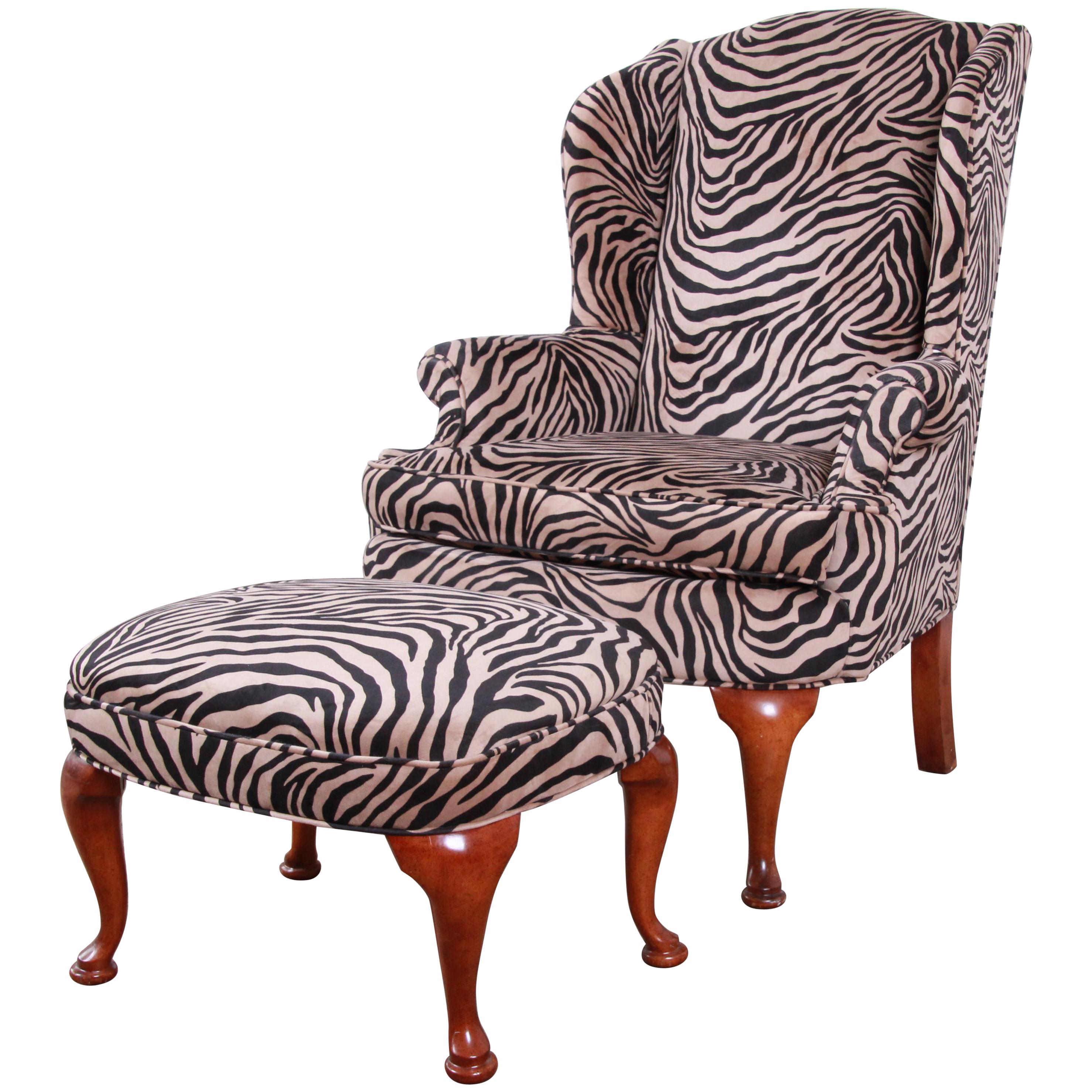 Queen Anne Style Wingback Lounge Chair and Ottoman in Zebra Print Upholstery