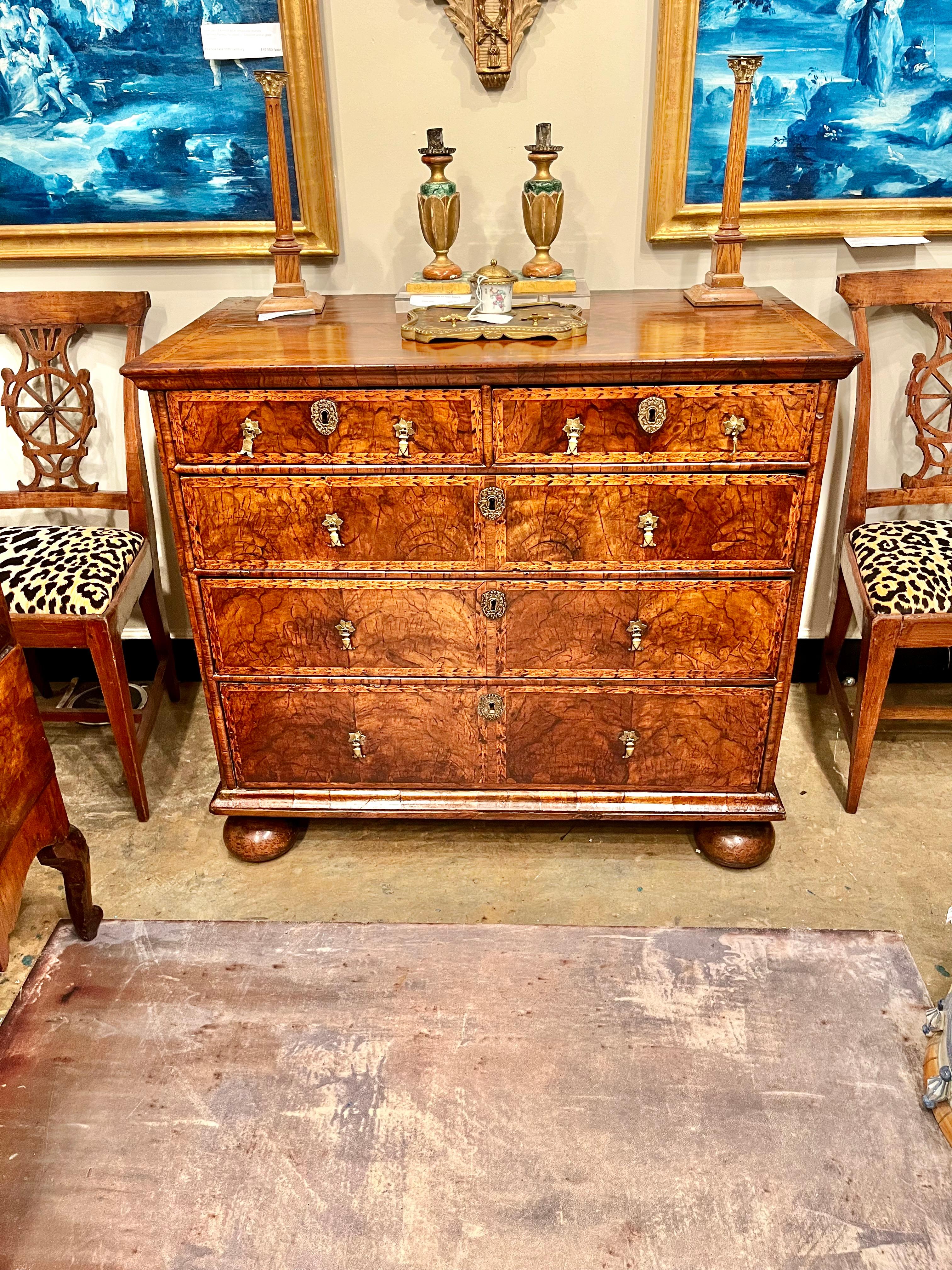English Queen Anne Transitional to George I Walnut Inlaid and Penwork Chest