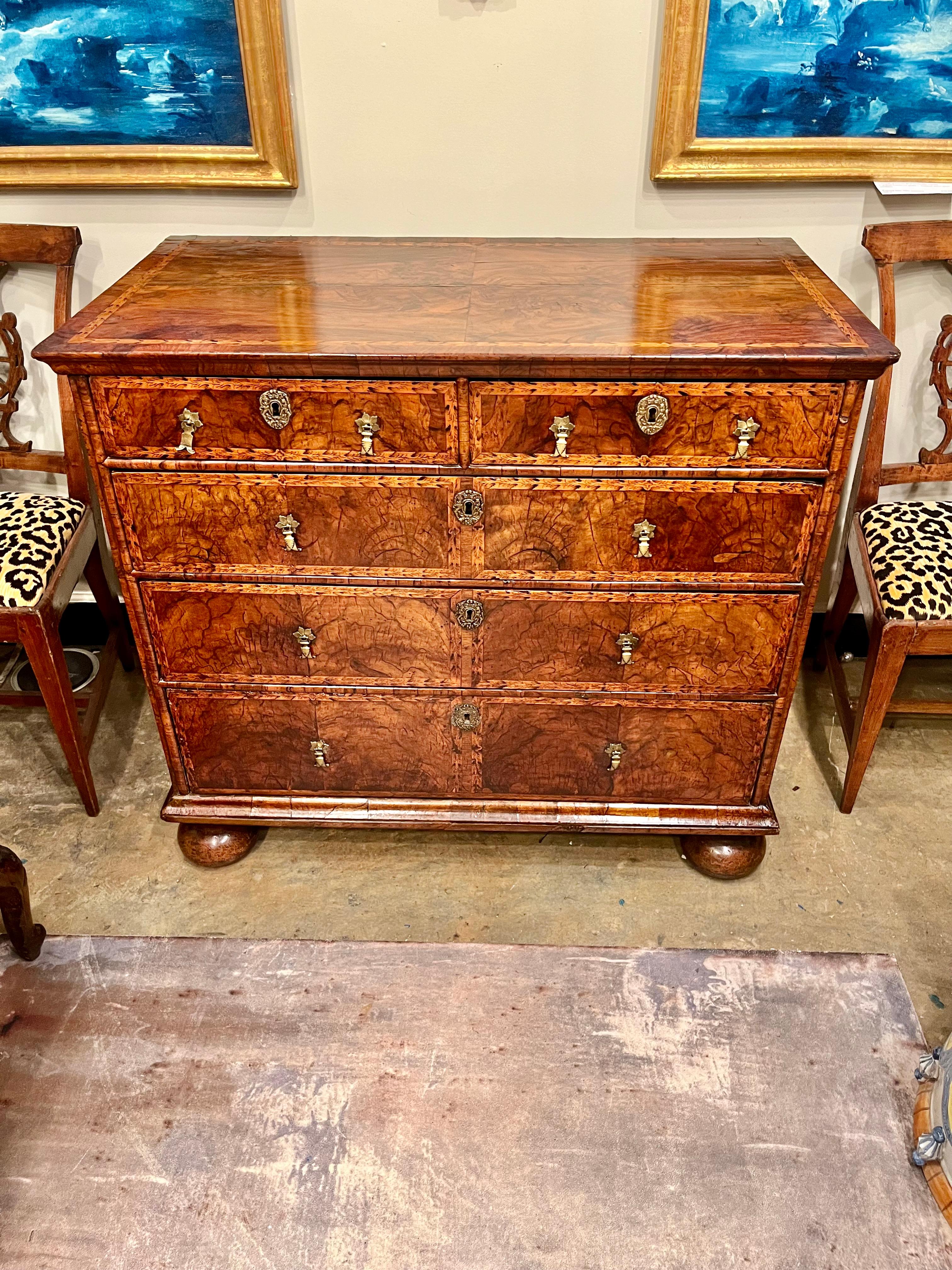 Queen Anne Transitional to George I Walnut Inlaid and Penwork Chest In Fair Condition In Nashville, TN