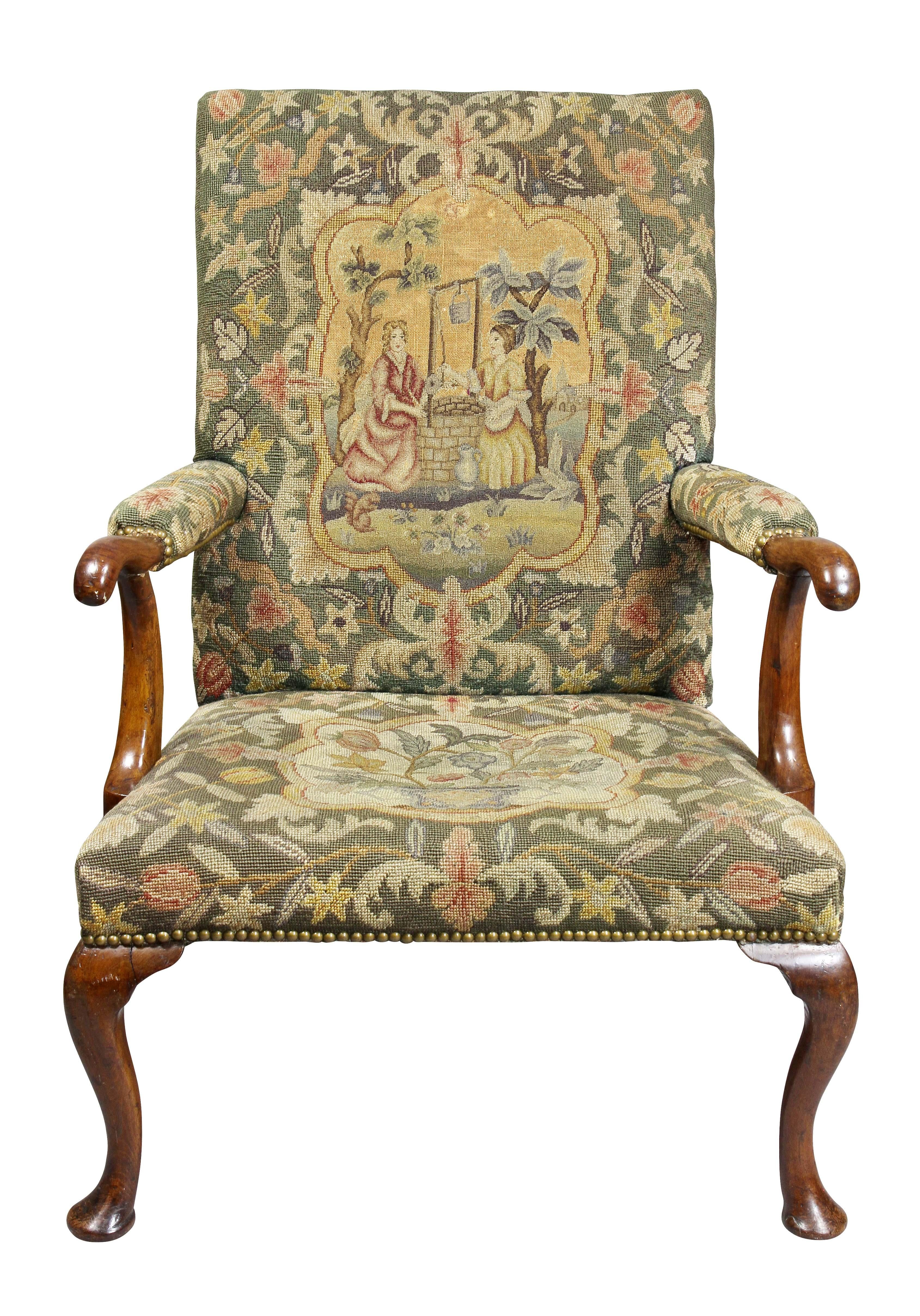 Queen Anne Walnut and Needlepoint Upholstered Armchair In Good Condition In Essex, MA