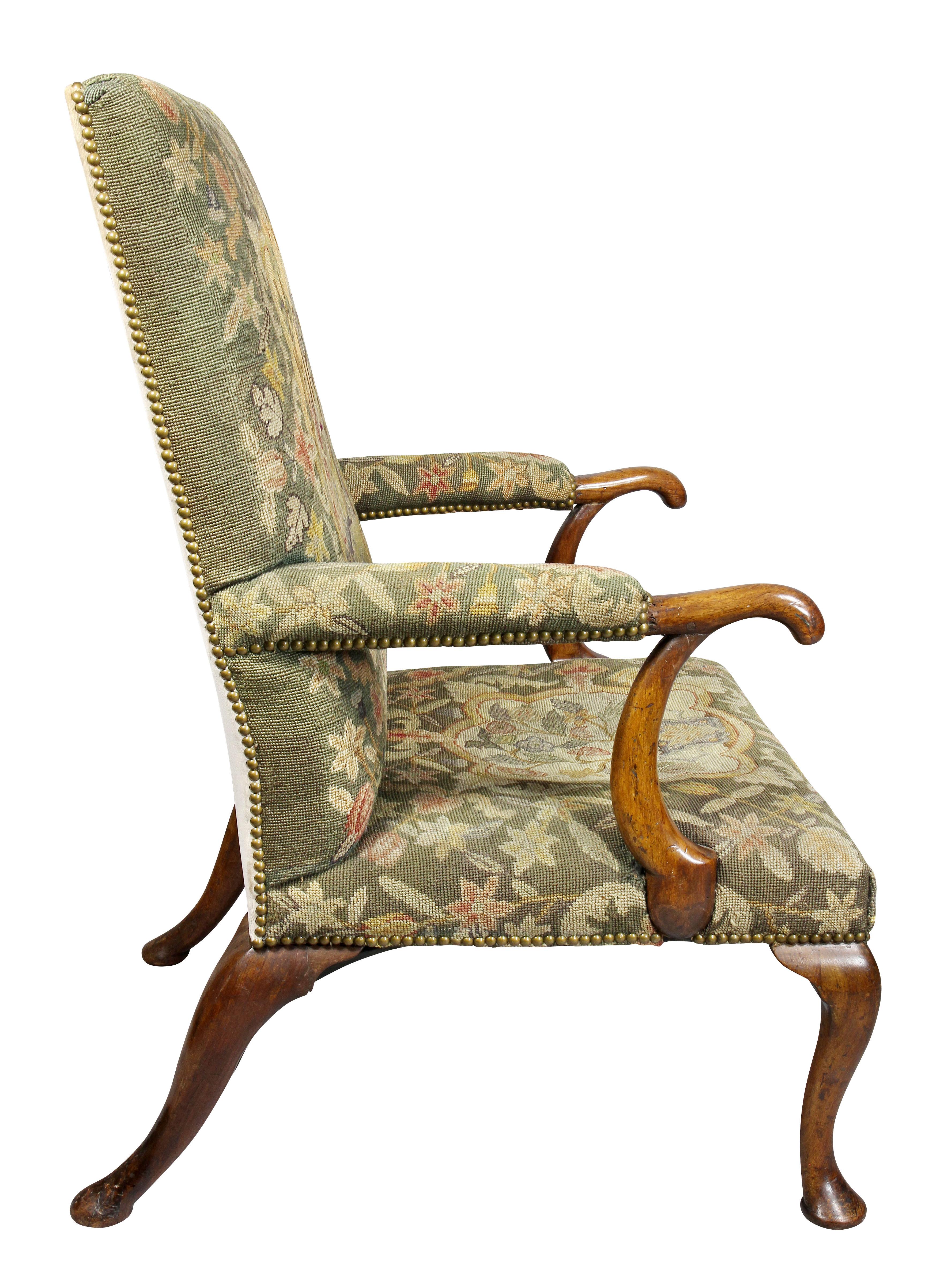 Queen Anne Walnut and Needlepoint Upholstered Armchair 3