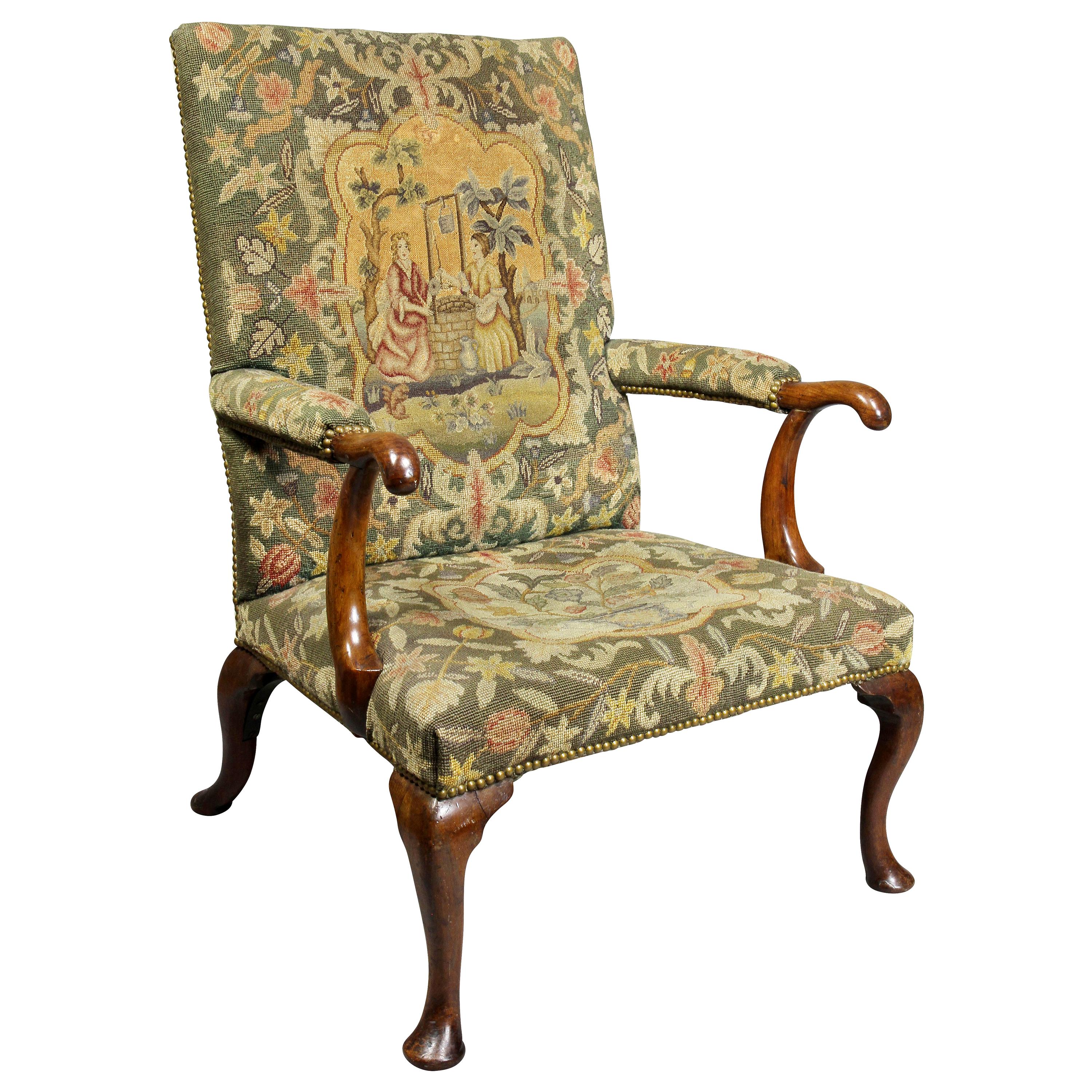 Queen Anne Walnut and Needlepoint Upholstered Armchair