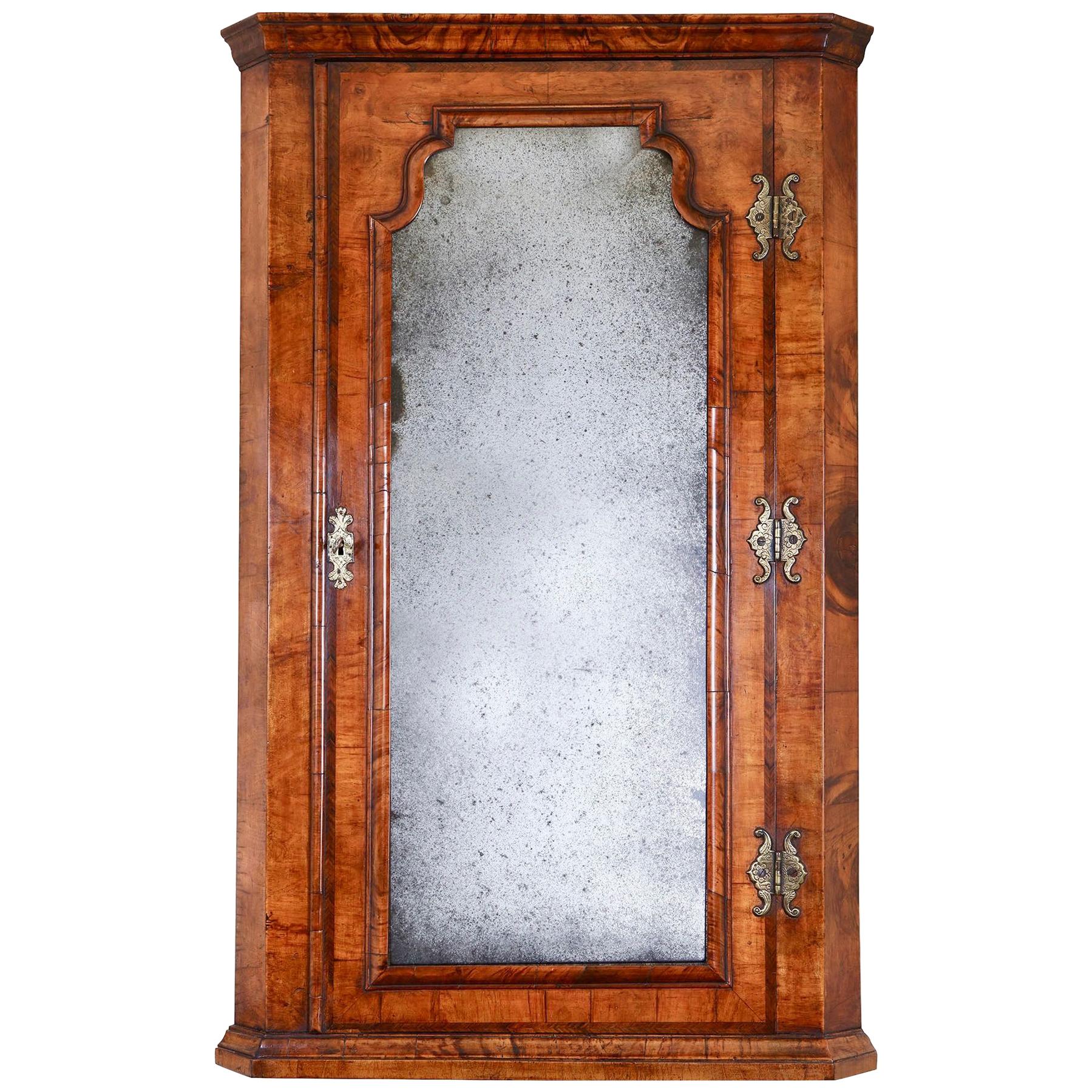 Queen Anne Walnut Corner Cupboard with Beveled Mirror Plate For Sale