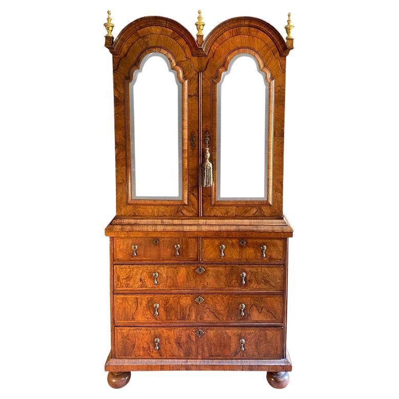 Queen Anne Walnut Double Dome Bookcase Cabinet For Sale